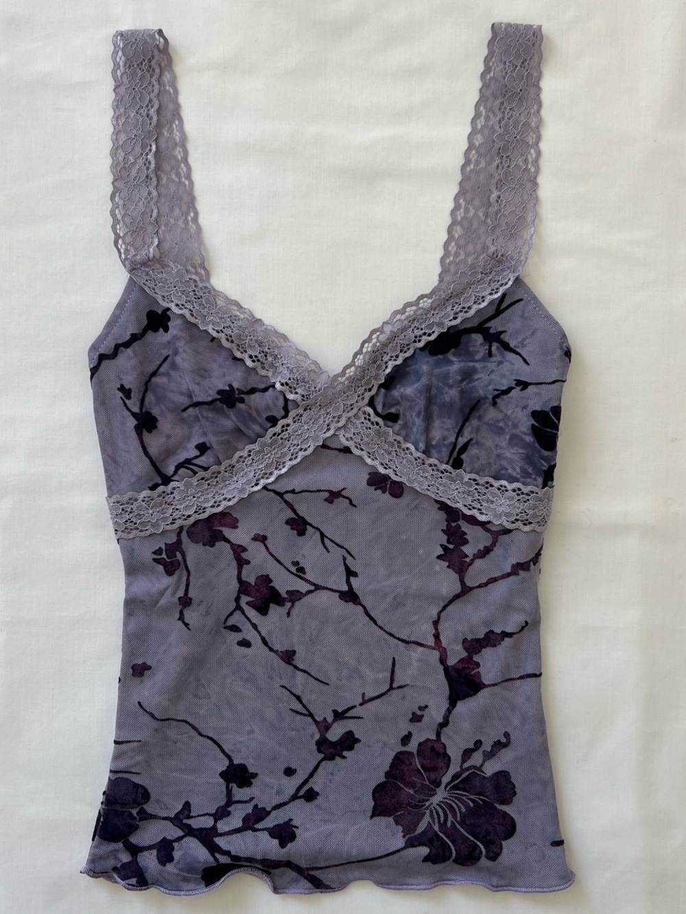 2000s Lavender Floral Lace-Trim Chemise Top